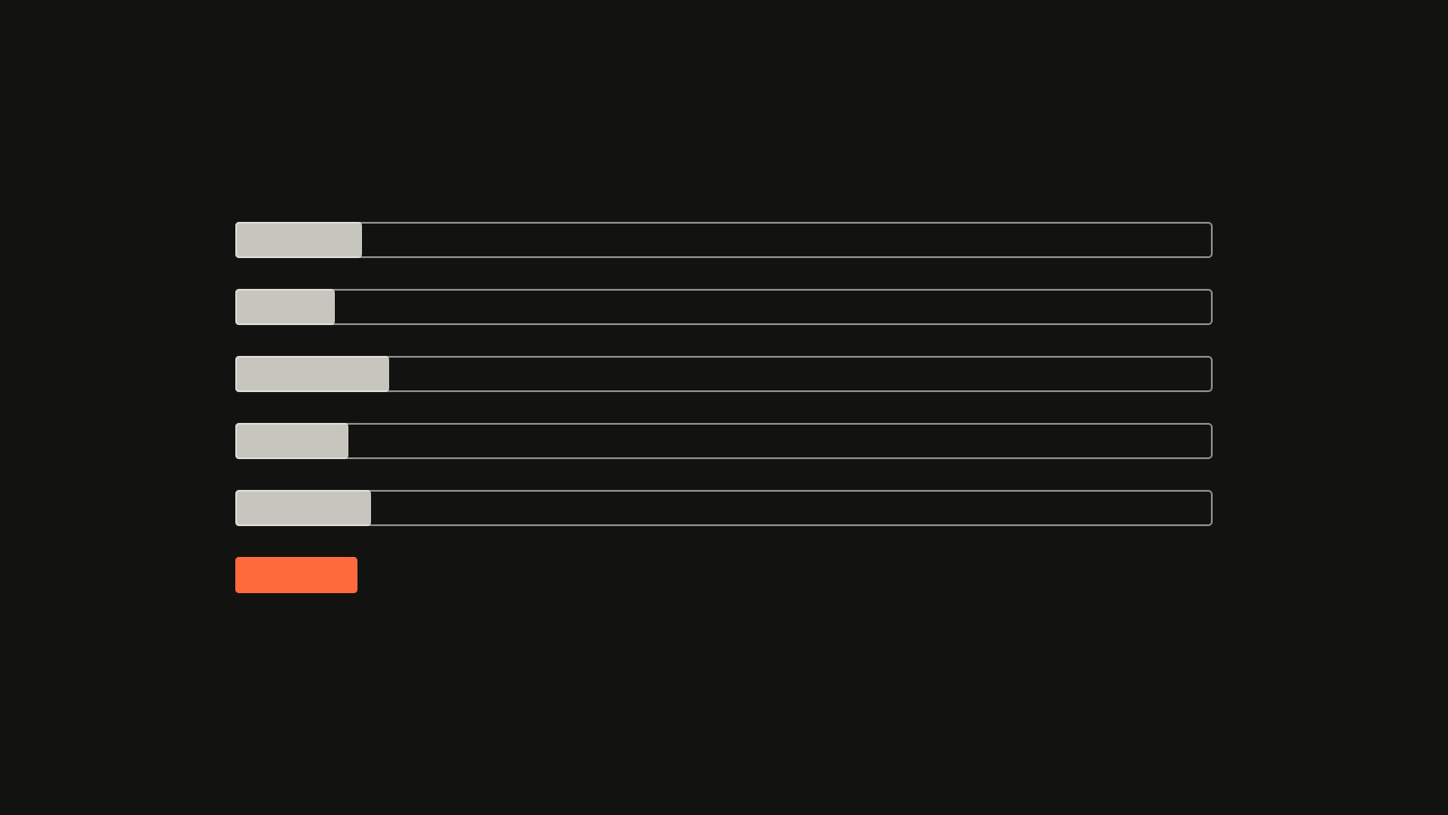 Six rows on a dark ground. Five are long outlined bars, each holding a short pale block at its left end; the sixth is a short orange block of about the same length with no outline around it.